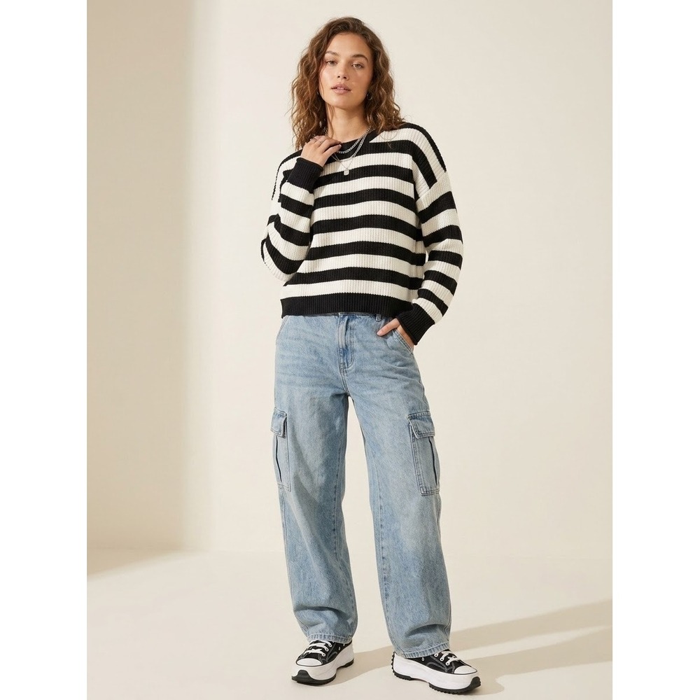 Love Tree Womens Black White Striped Chenille Knit Crewneck Sweater Large 9265WH